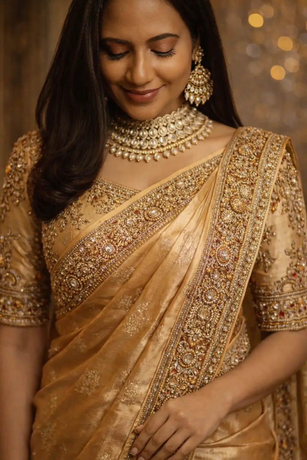 Bateau neck bridal blouse featuring nakshi work and back cut-out design.